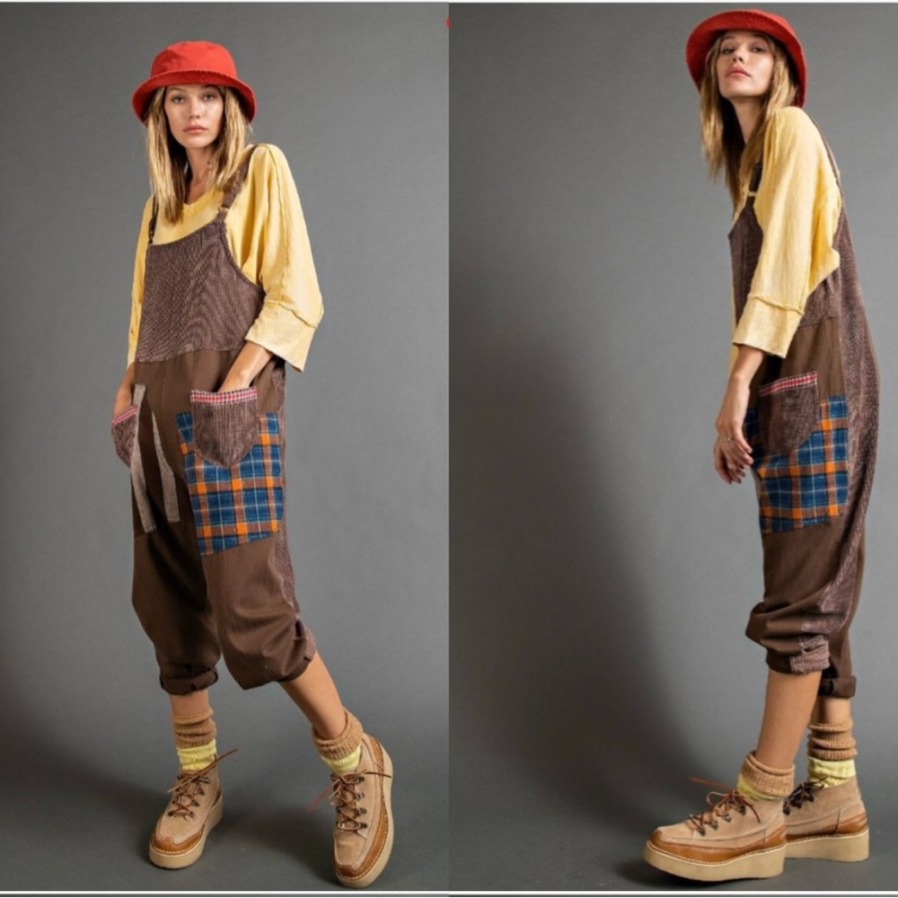 Easel Brown and Yellow Jumpsuit with Plaid Accents